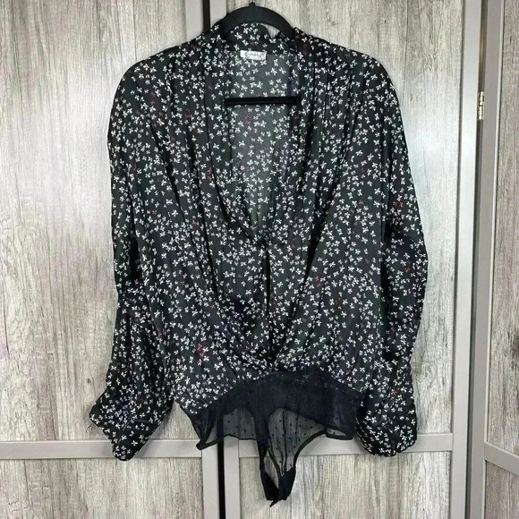 Free People Bodysuit Large Shirt Top Black White Floral Long Sleeves Intimately - Picture 1 of 10